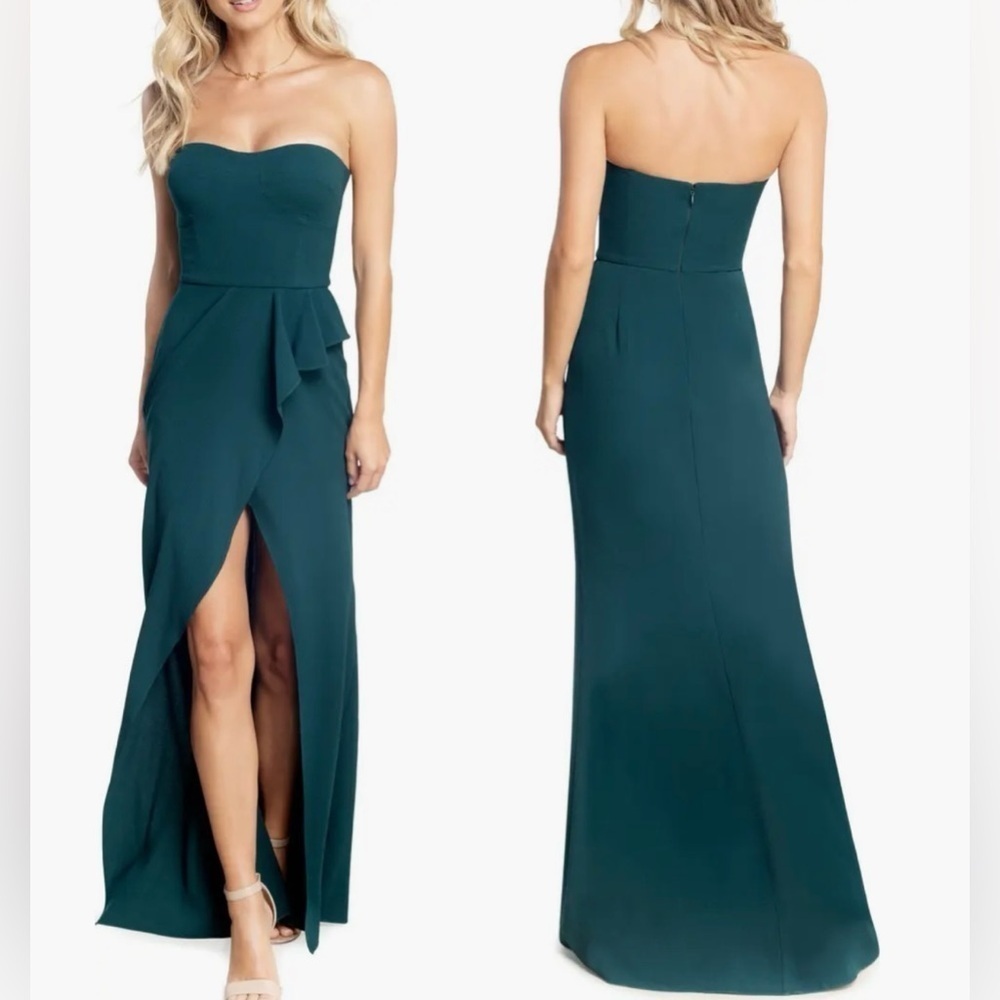 NWOT Dress the Population Kai Strapless Slit Gown Maxi PINE  sz XS